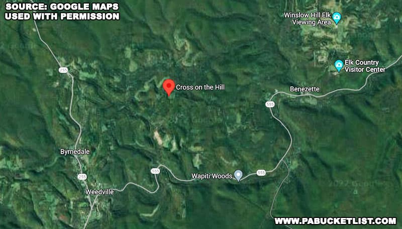Map to the Cross on the Hill between Benezette and Weedville in Elk County Pennsylvania.