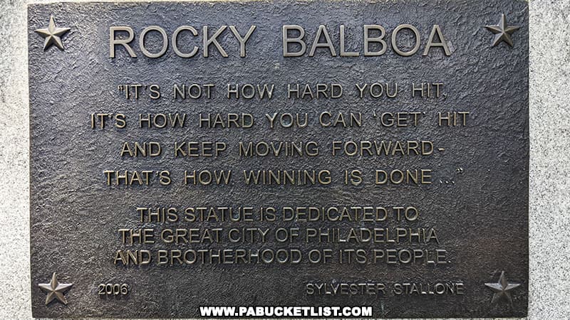 Inscription on the base of the Rocky statue near the Philadelphia Art Museum.