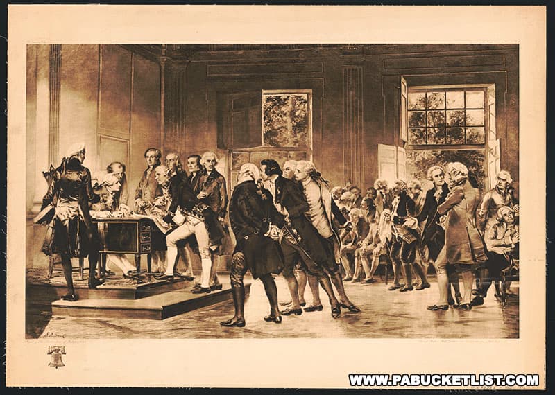 Signing of the Declaration of Independence in Philadelphia on August 2, 1776.