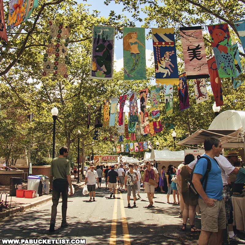 Banners hanging over South Allen Street during Arts Fest in State College Pennsylvania.