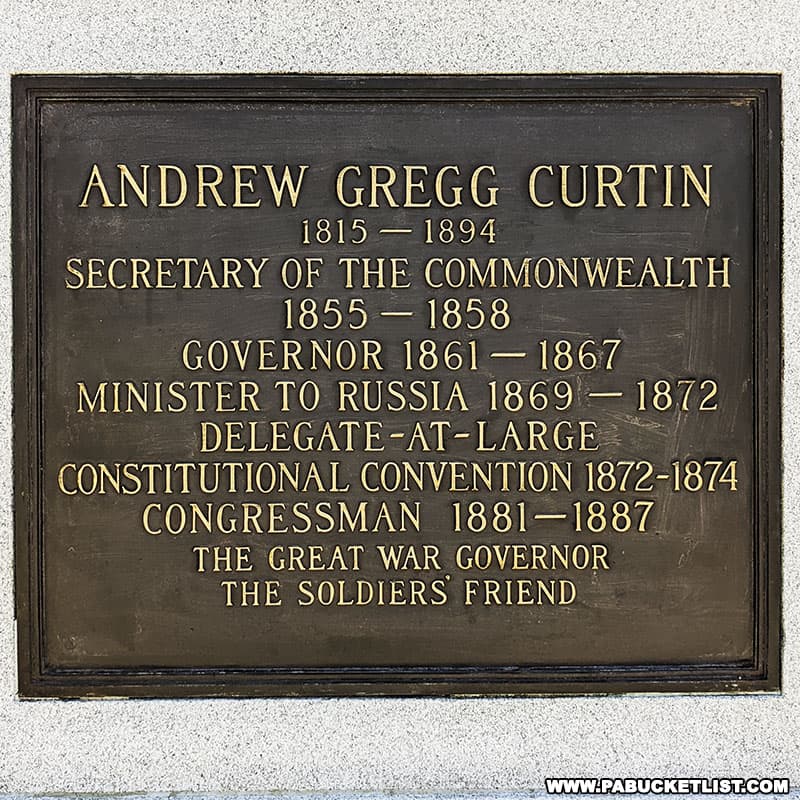 Plaque at the base of the Andrew Curtin statue in front of the Bellefonte courthouse.