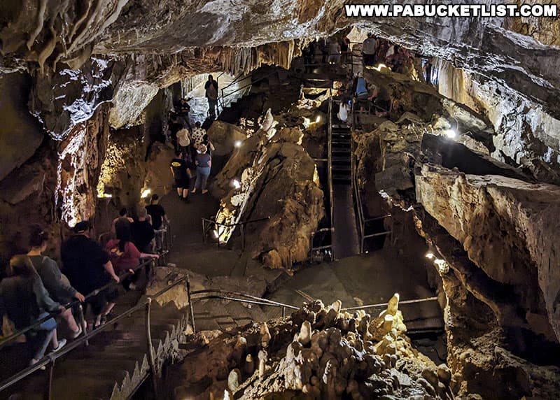 The Crystal Cave tour in Berks County Pennsylvania takes you 125 feet underground via walkways and stairs.