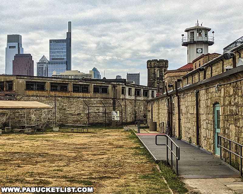 View of the Philadelphia skyline from the exercise yard at Eastern State Penitentiary.