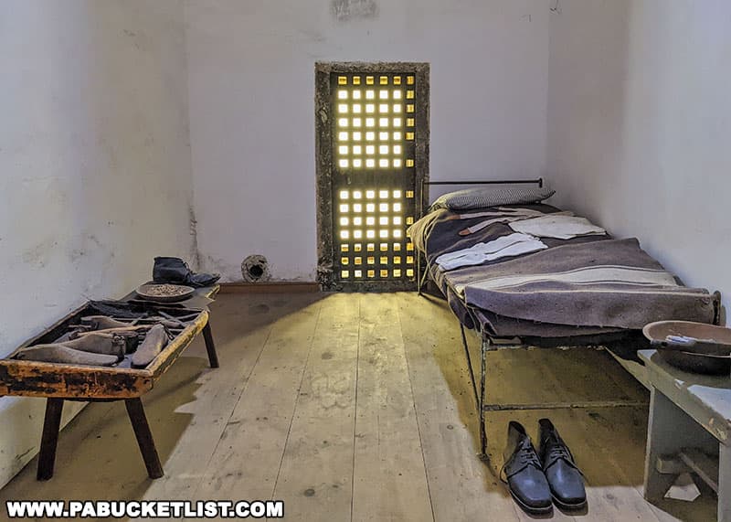 A reproduction of what a prisoner's cell at Eastern State Penitentiary would have looked like in the 1800s.