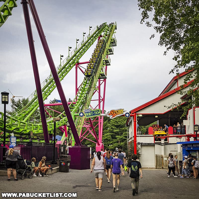 The Jolly Rancher Remix at Hersheypark takes riders forwards and backwards on the same track at a max speed of 47 mph.