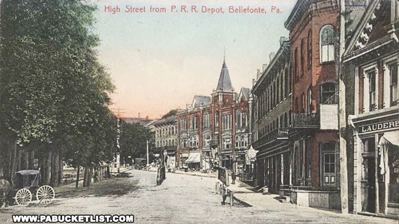 Vintage postcard image of High Street in Bellefonte Pennsylvania.