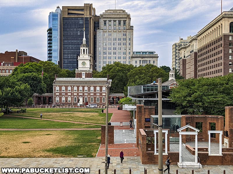 A view of Independence Hall from the second-floor patio at the Independence Visitor Center.