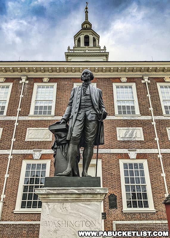 Statue of George Washington in front of Independence Hall.