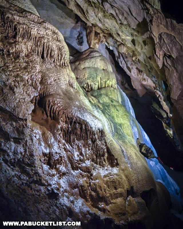 Flowstone formations inside Indian Caverns in Huntingdon County Pennsylvania.