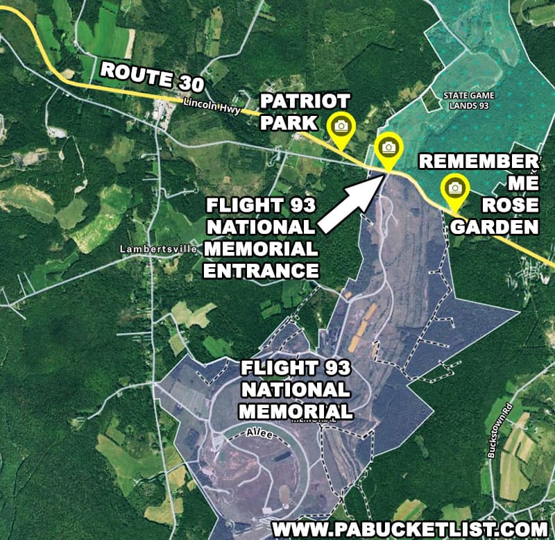 A map to the Remember Me Rose Garden along Route 30 (the Lincoln Highway) near the Flight 93 National Memorial.