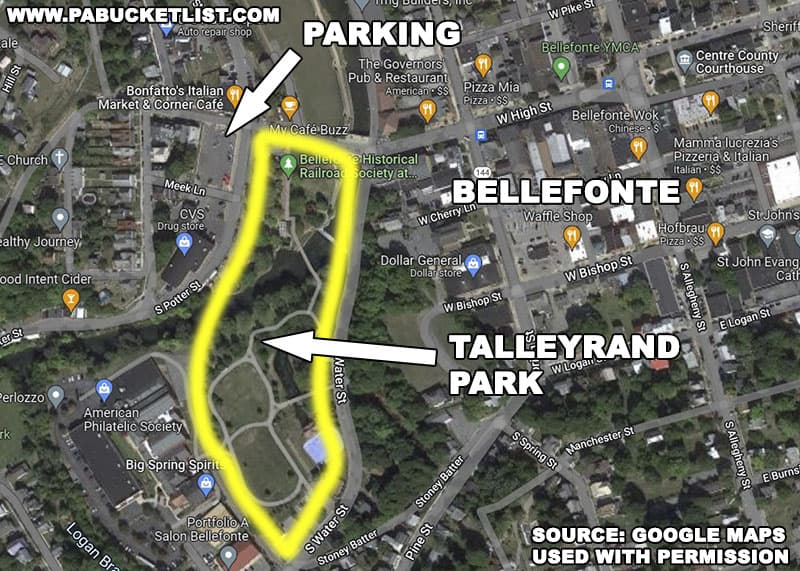 A map to Talleyrand Park in Bellefonte Pennsylvania.