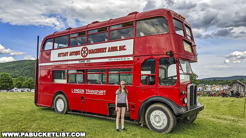 A double-decker London Transport bus at the Nittany Antique Machinery Show in Centre Hall Pennsylvania.