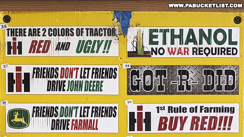 Tractor-themed bumper stickers for sale at the Nittany Antique Machinery Show in Centre Hall Pennsylvania.