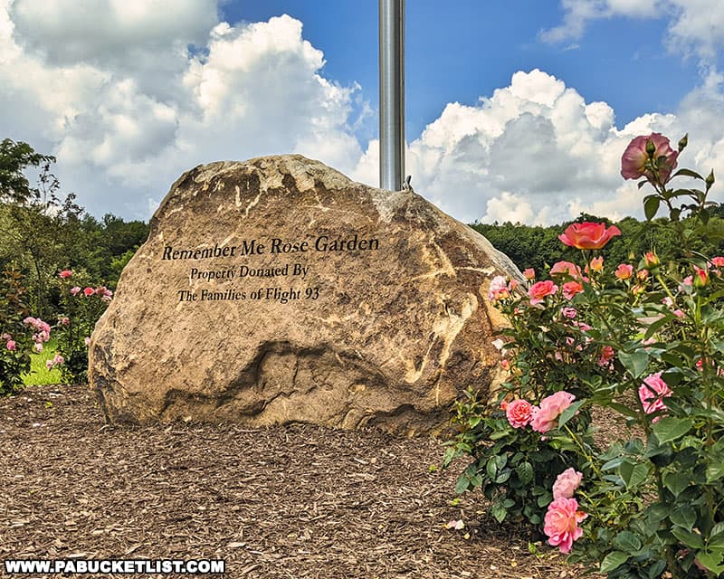 The Families' Rock near the entrance to the Remember Me Rose Garden acknowledges the donation of the property by "The Families of Flight 93" for the purpose of building the Remember Me Rose Garden.