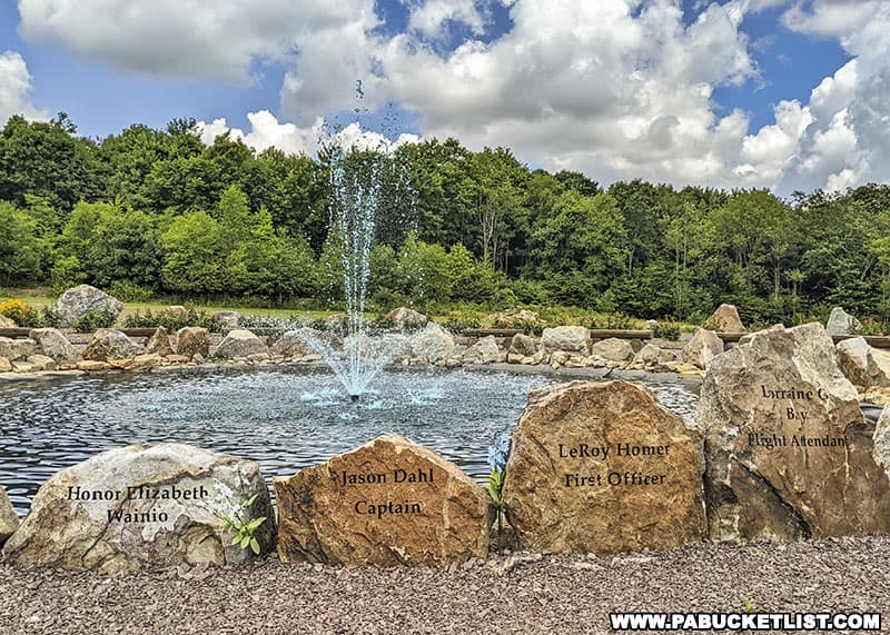 Encircling the fountain at the Remember Me Rose Garden are 40 rocks engraved with each of the names of the heroes on Flight 93.
