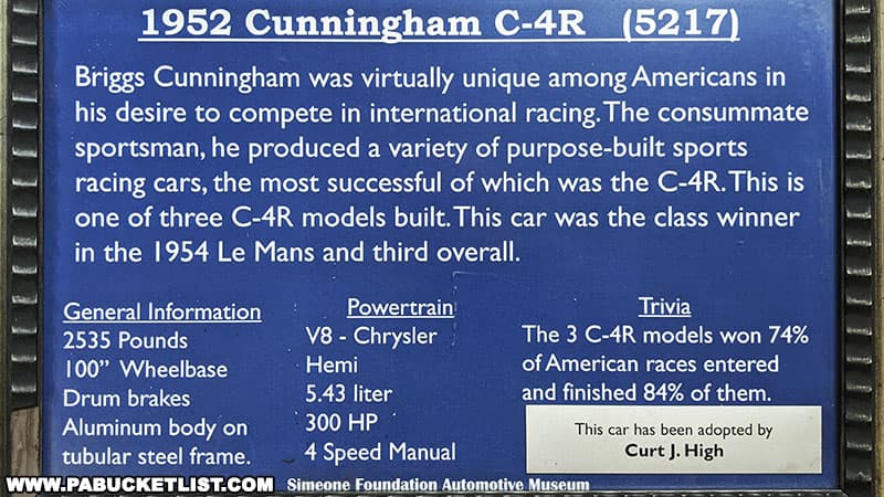 The history of a 1952 Cunningham race car on display at the Simeone Automotive Museum in Philadelphia Pennsylvania.