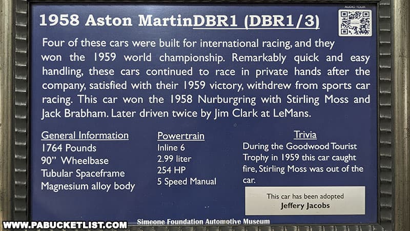 History behind a 1958 Aston-Martin race car on display at the Simeone Automotive Museum in Philadelphia Pennsylvania.