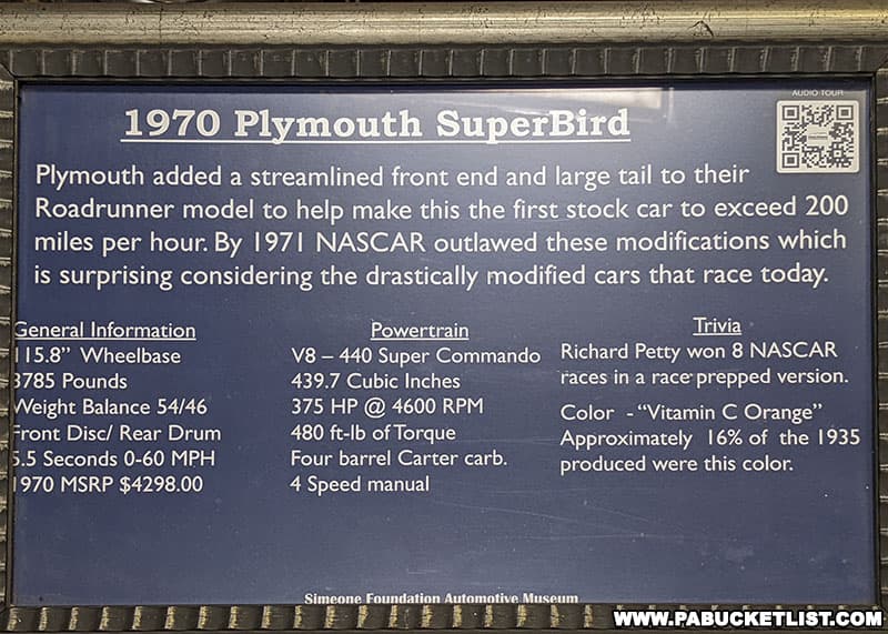 History behind a 1970 Plymouth Superbird on display at the Simeone Automotive Museum in Philadelphia Pennsylvania.