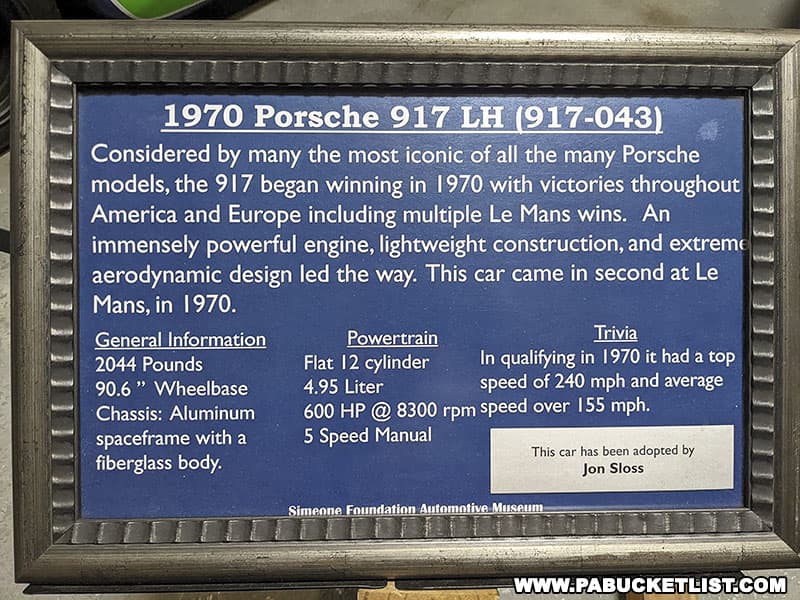 The history behind a 1970 Porsche 917 LH on display at the Simeone Automotive Museum in Philadelphia Pennsylvania.