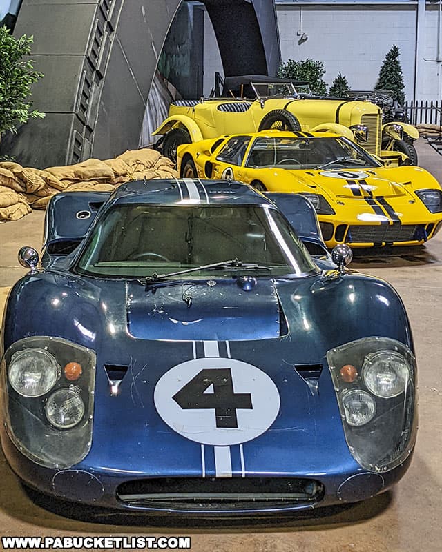 Several American cars that competed at Le Mans, on display at the Simeone Automotive Museum.