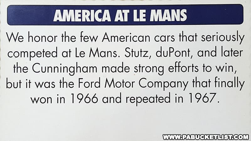 An exhibit at the Simeone Automotive Museum featuring American cars that competed at Le Mans