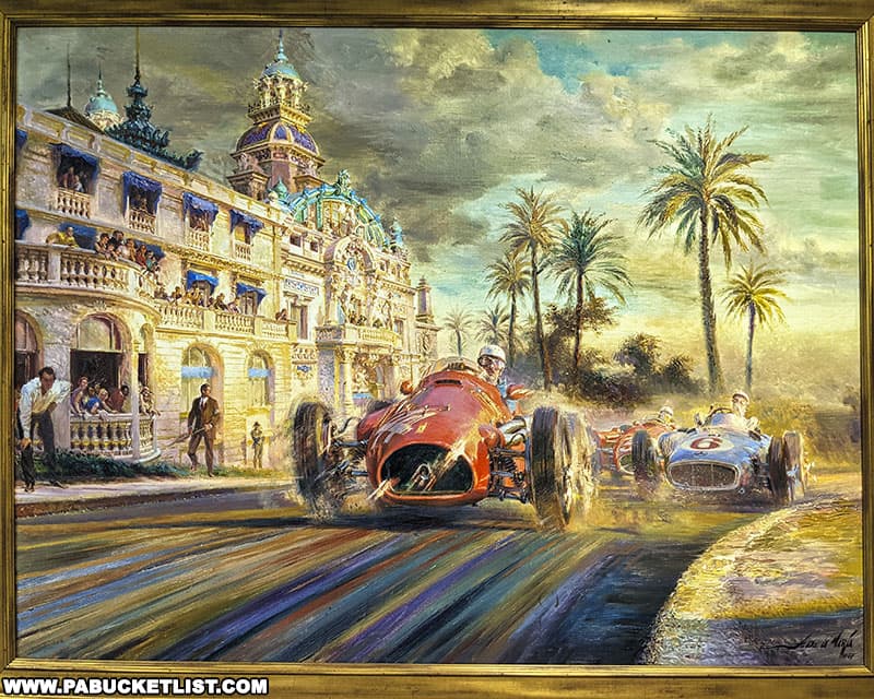 An oil painting on display in the art gallery at the Simeone Automotive Museum.