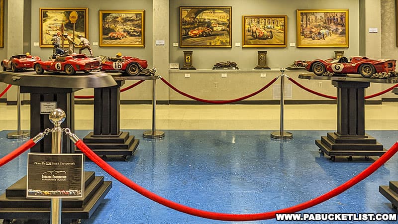 Exhibits inside the Patterson Art Gallery at the Simeone Automotive Museum in Philadelphia Pennsylvania.