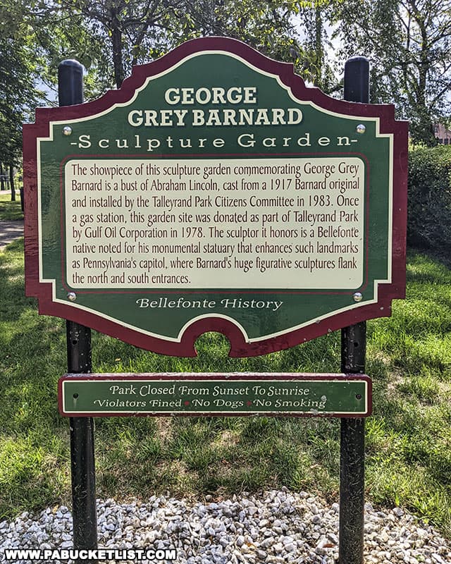 George Barnard Sculpture Garden sign at Talleyrand Park in Bellefonte Pennsylvania.
