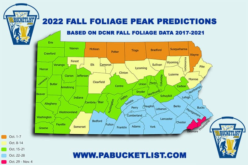 2022 Fall foliage predictions for Pennsylvania based on historical averages from the past five years.