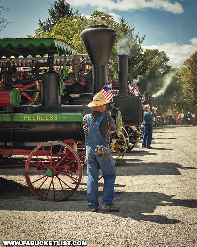 Steam tractors lined up on display at the Farmers and Threshermens Jubilee near Rockwood Pennsylvania.