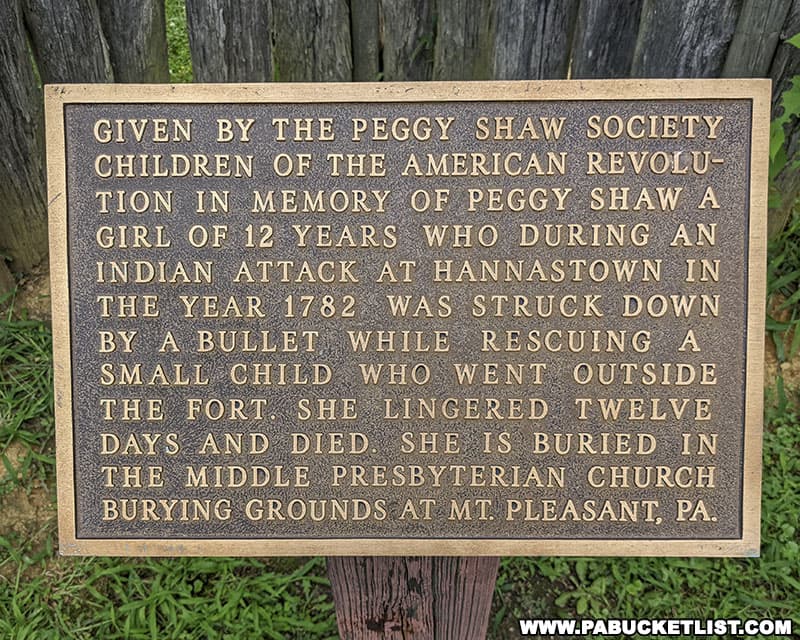 Peggy Shaw memorial plaque inside the fort at historic Hanna's Town.