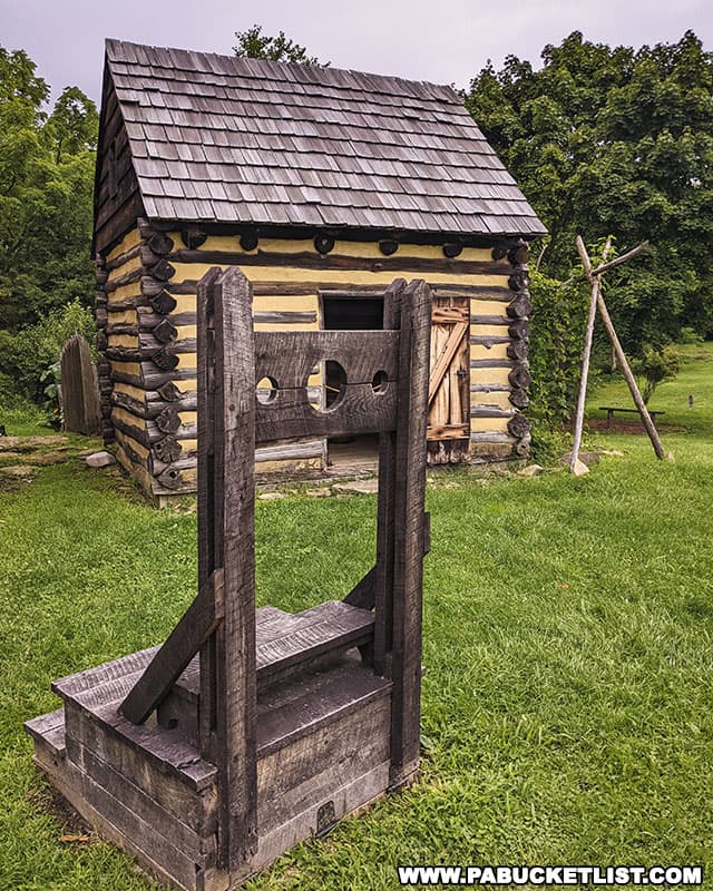 The pillory and jail at historic Hanna's Town in Westmoreland County Pennsylvania.