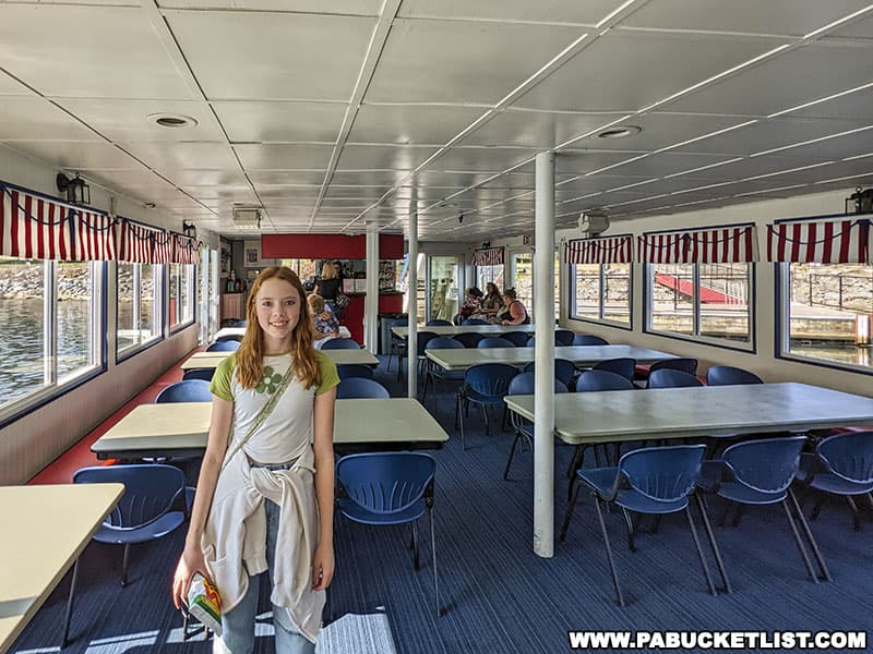 The enclosed lower deck of the Hiawatha Paddlewheel Riverboat in Williamsport Pennsylvania..