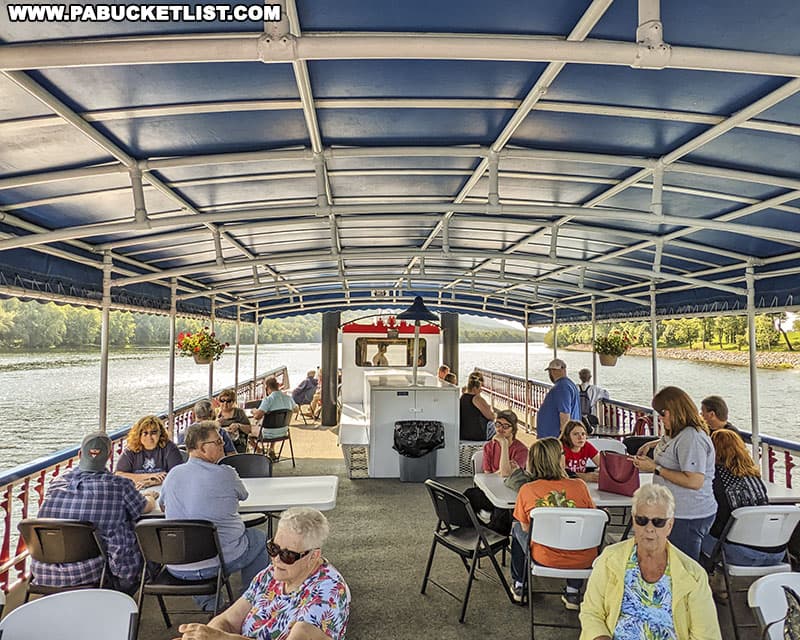 The open-air upper deck of the Hiawatha Paddlewheel Riverboat in Williamsport Pennsylvania.