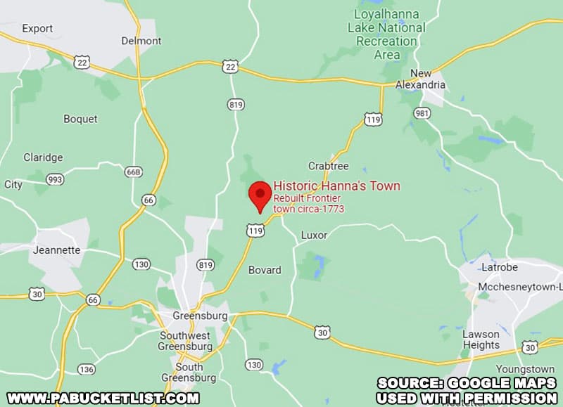 A map to historic Hanna's Town in Westmoreland County, Pennsylvania.
