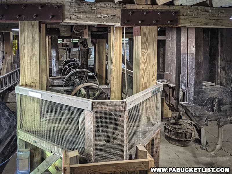 A series of water-powered belts and pulleys powered the grinding operations at McConnells Mill in Lawrence County Pennsylvania.