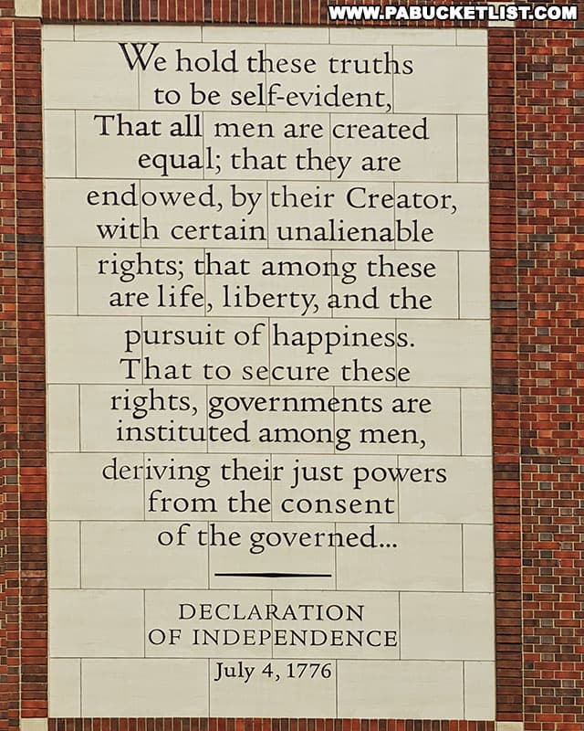 Excerpt from the Declaration of Independence on a wall outside the Museum of the American Revolution in Philadelphia Pennsylvania.