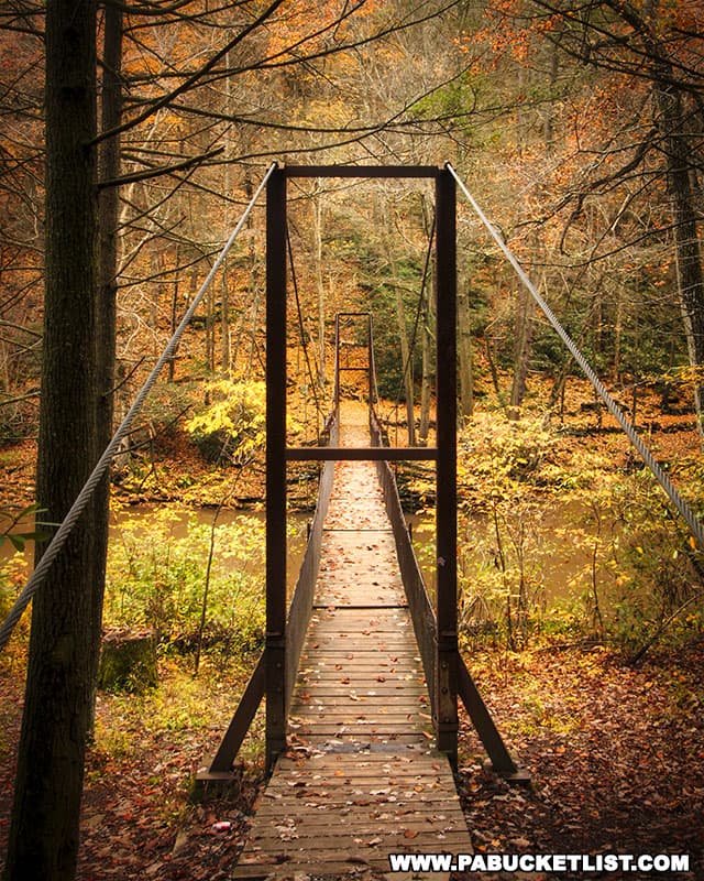The suspension bridge at Trough Creek State Park has been called one of the most beautiful swinging bridges in Pennsylvania.