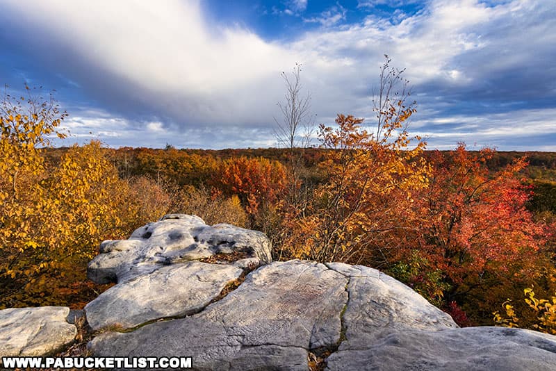 Fall foliage views at Beam Rocks Overlook in the Forbes State Forest on October 16, 2022.