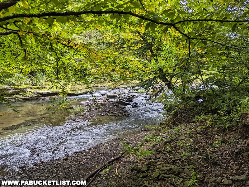 The Mid State Trail makes a wet crossing of Stony Fork just downstream from the Big Falls swimming hole in Tioga County Pennsylvania.