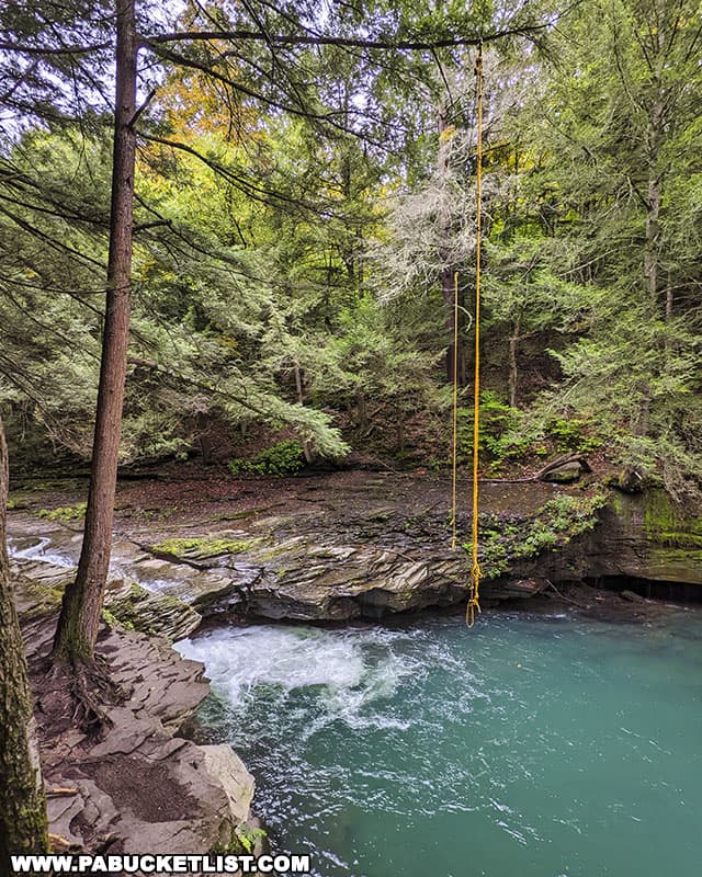 The beautiful turquoise waters at the Big Falls swimming hole in Tioga County Pennsylvania is one of the reasons why this swimming hole is so famous.