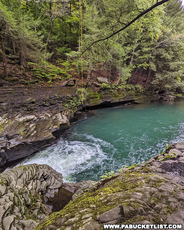 The plunge pool at the Big Falls swimming hole on Stony Fork in Tioga County is described as being from twenty to thirty feet deep, depending on the water levels and time of year.