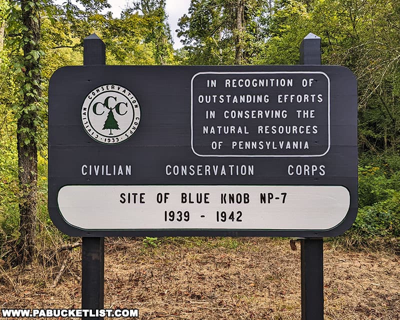 Blue Knob CCC Camp sign along the road leading to the Lost Children of the Alleghenies Memorial.