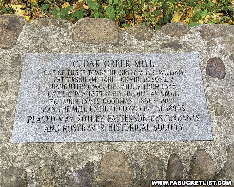 Monument along the Cedar Creek Gorge Trail marking the location of the former Cedar Creek grist mill.