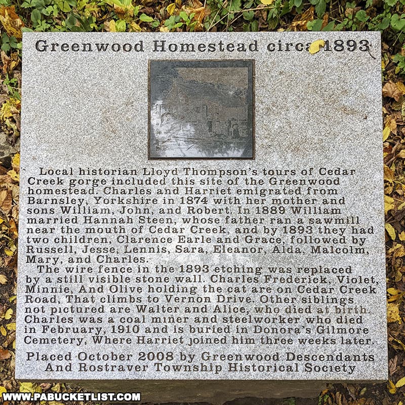 Greenwood Homestead monument along the Cedar Creek Gorge Trail in Westmoreland County PA.