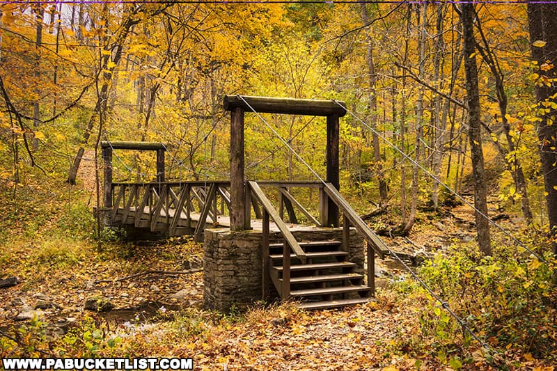 The upper "swinging bridge" is located 0.7 miles from the Cedar Creek Gorge trailhead in Westmoreland County Pennsylvania.