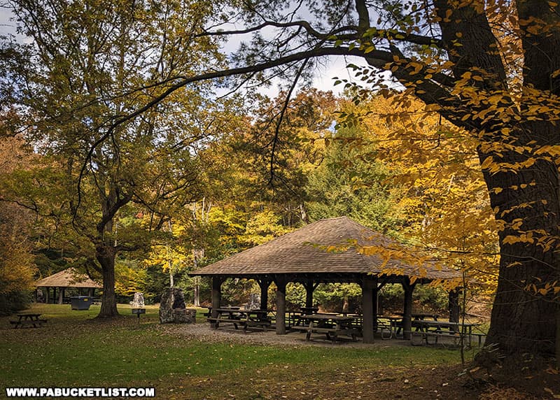 Fall foliage around the picnic pavilions at Clear Creek State Park