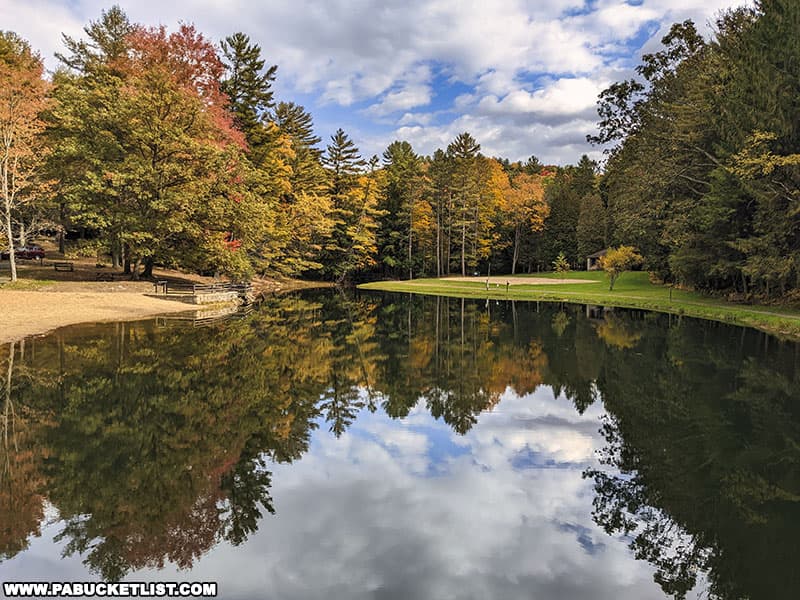 Fall foliage reflections on the lake at Clear Creek State Park. in Jefferson County Pennsylvania.