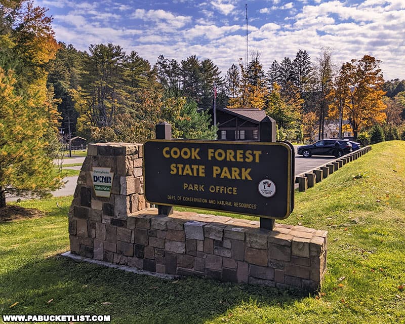 Fall foliage conditons around the Cook Forest State Park office near the Clarion River.