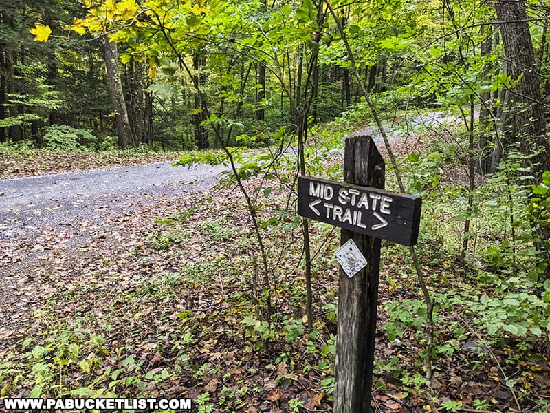 The Mid State Trail where it crosses Stony Fork Road near the Big Falls swimming hole in Tioga County Pennsylvania.